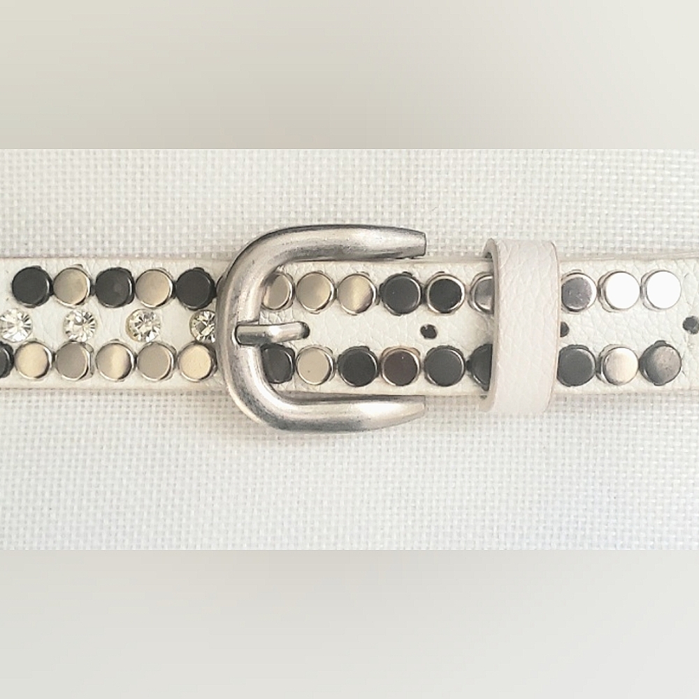 Studded White Leather and Rhinestone Belt Glam Rock 36